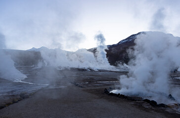 Exploring the fascinating geothermic fields of El Tatio with its steaming geysers and hot pools high up in the Atacama desert in Chile, South America