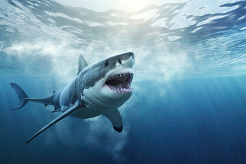 Fototapeta premium Great white shark underwater hunting and attacking predator. Shark in the ocean. Great white shark posing in deep blue water. Realistic 3D illustration. Generative AI