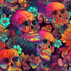 Neon Colorful Melting Skulls Repeating Pattern Skeleton Goth Death Macabre Halloween