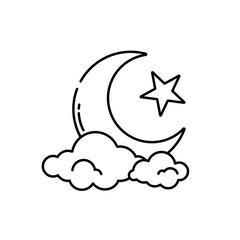 crescent moon and stars icon over white background, line style, vector illustration
