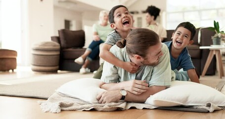 Funny, playing and father with children on floor in home living room laughing at comedy, joke or humor. Happy, dad and kids having fun, bonding and enjoying family time together in adoption house. - Powered by Adobe