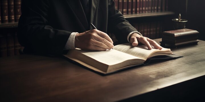 Lawyer with civil law code book in a court, concept of Legal system, created with Generative AI technology