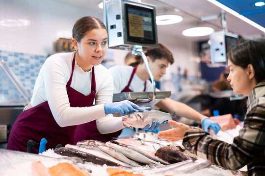 Female seller in apron standing near counter offering fresh fish hake to the buyer