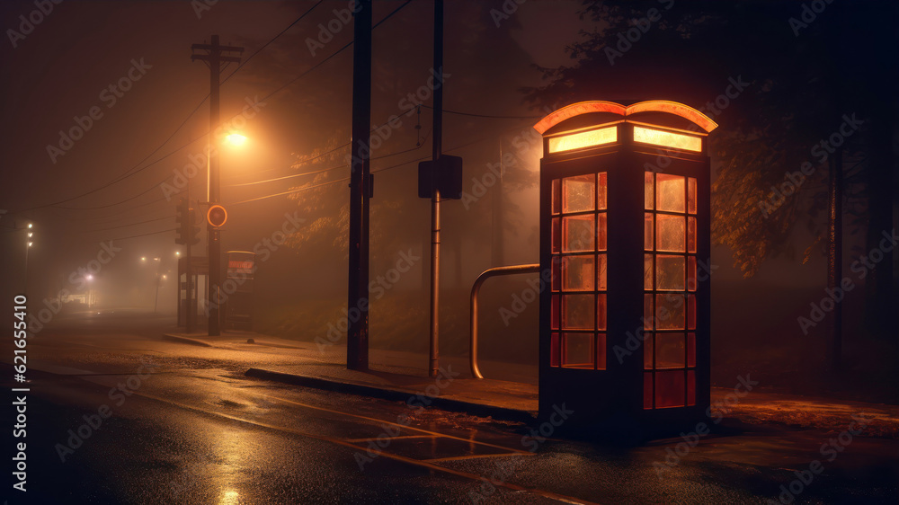 Poster telephone booth in a foggy night. 3d rendering generative ai