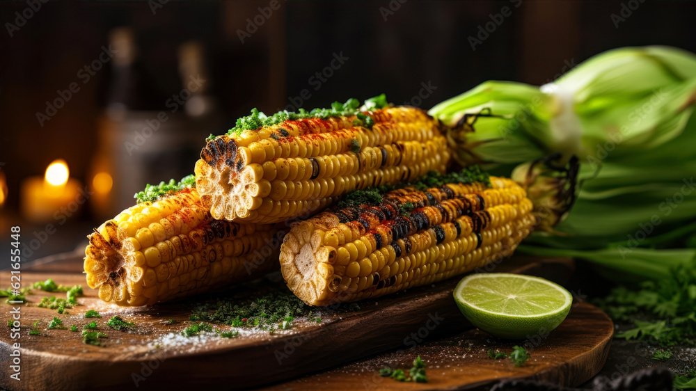 Poster grilled corn on the cob with herbs and lime on a cutting board generative ai