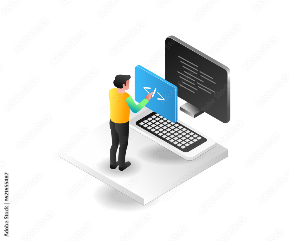 Wall mural isometric concept illustration of a developer programming