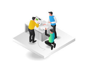 Isometric concept illustration of a team assembling electronic devices