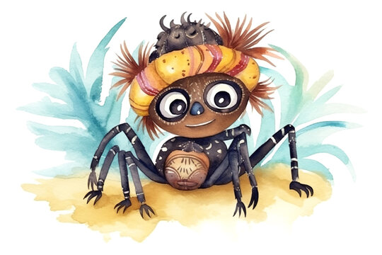 Watercolor cute anansi cartoon character, concept of Artistic drawing style, created with Generative AI technology
