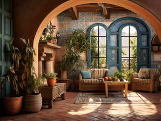 Sunkissed Mediterranean Reverie: An Invitingly Warm and Vibrant Interior with Rustic Tiles and Azure Accents