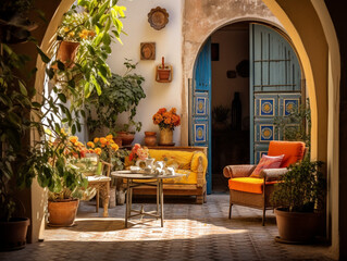 Fototapeta na wymiar Sunkissed Mediterranean Reverie: An Invitingly Warm and Vibrant Interior with Rustic Tiles and Azure Accents