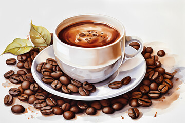 Watercolor illustration of a cup of coffee and coffee beans