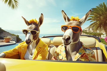 Two friends donkeys riding car at seaside while traveling together on Sunny day. Abstract creative summer scene with animals like a human. Illustration. Generative AI..