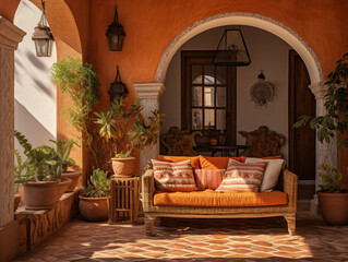 Sunkissed Mediterranean Reverie: An Invitingly Warm and Vibrant Interior with Rustic Tiles and Azure Accents