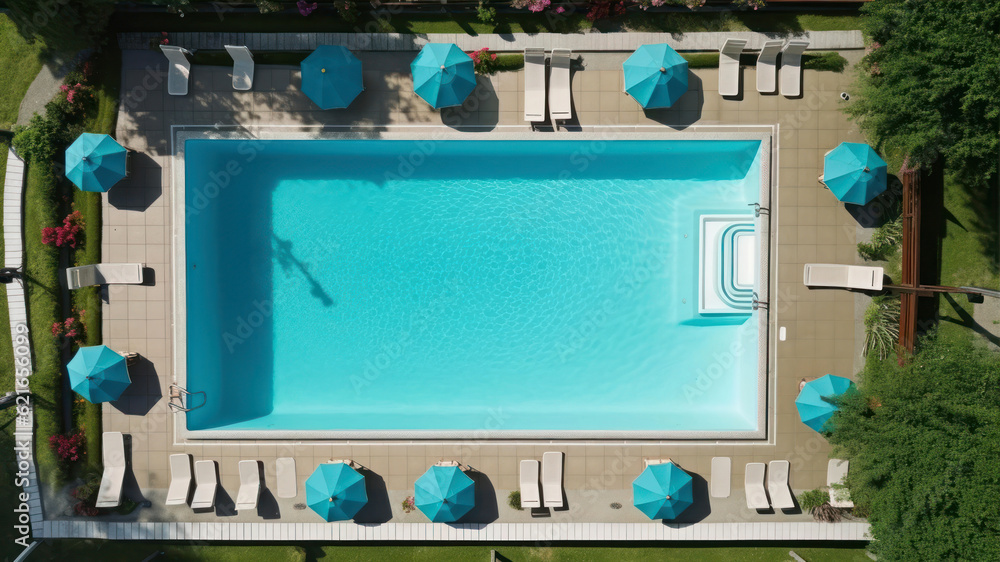 Poster top view of swimming pool with sunbeds and umbrellas generative ai