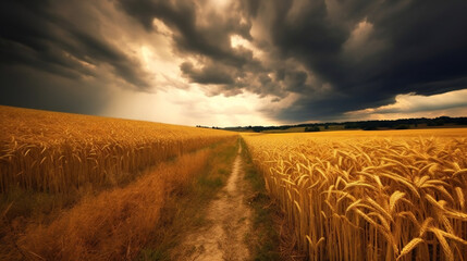 Fototapeta na wymiar Field of wheat overcast. Generative AI Image.