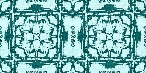 Fototapeta premium Teal green white vibrant watercolor batik azulejos tile border banner background. Seamless aqua coastal blur linen effect geometric mosaic effect.Boho Patchwork nautical masculine summer ribbon trim. 
