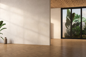 Modern contemporary loft empty room with open door to garden 3d render The Rooms have parquet...