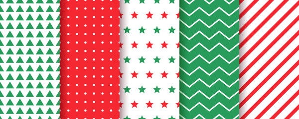 Christmas seamless pattern. Holiday background. Xmas textures with zigzag, polka dot, candy cane stripes, stars. Set of red green prints. Retro New year wrapping paper. Vector illustration