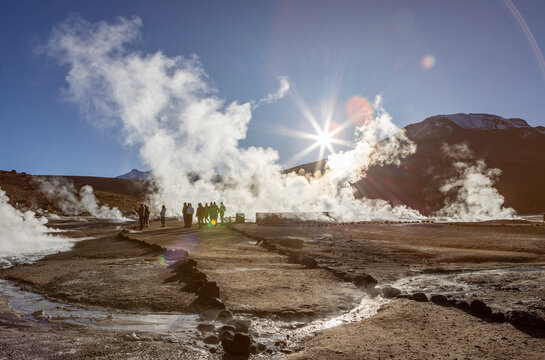 Exploring the fascinating geothermic fields of El Tatio with its steaming geysers and hot pools high up in the Atacama desert in Chile, South America