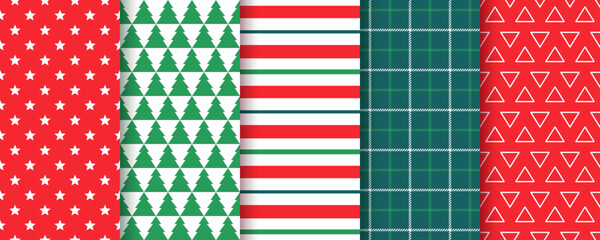 Christmas seamless background. Holiday patterns. Endless texture with star, stripes, trees, triangles, check. Festive print for wrapping paper. Red green design. Vector Illustration