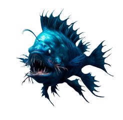Angler fish on a white background isolate. realistic illustration art. Scary deep-sea fish predator In the depths of the ocean. - 621657617