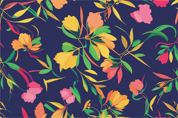 Fototapeta na wymiar Vector floral seamless pattern with flowers and green leaves on a blue background.