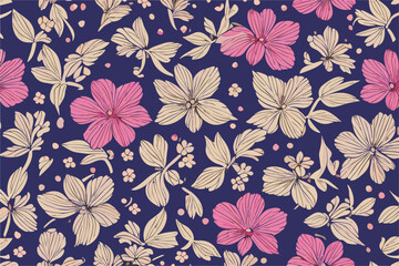 Vector floral seamless pattern with 
pink and yellow flowers
 on a blue background.