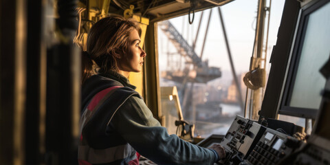 Woman working on heavy machinery as an industrial crane operator. Gender equality at workplace concept. Generative AI
