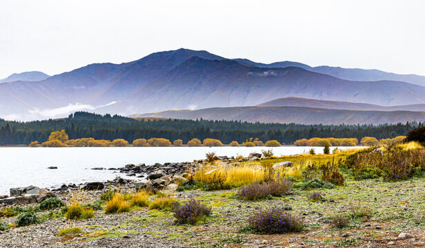 Landscape mountain view image looking out across Lake Tekapo from the Church of the Good Shepherd in New Zealand in autumn.