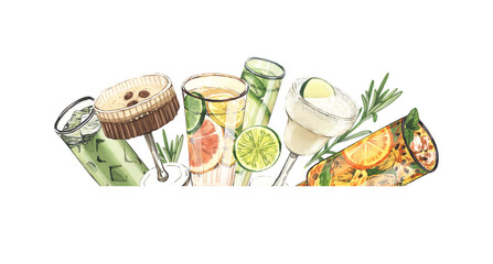 Watercolor cocktail glasses: martini, gin,margarita,mojito,liquor,rum,moscow mule. Hand-drawn illustration isolated on white background. Perfect for recipe lists with alcoholic drinks, for cafe