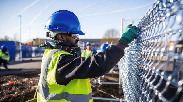 Male worker installing welded metal mesh fence. Generative AI