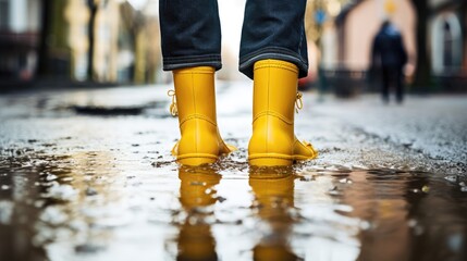 Person with yellow rubber boots on a flooded street. Generative AI