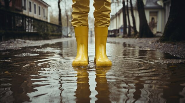 Person with yellow rubber boots on a flooded street. Generative AI