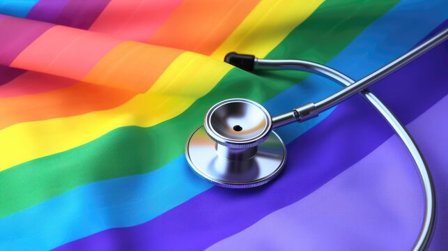 Rainbow pride flag and stethoscope. Transgender and LGBTQ+ healthcare and mental health concept. Generative AI