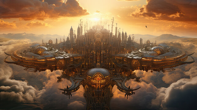 Illustration of a steampunk city - AI generated image.