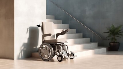 Wheelchair in front of the stairs with ramp. Vacancy for a disabled person. The concept of an accessible environment. Generative AI