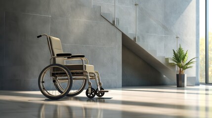 Wheelchair in front of the stairs with ramp. Vacancy for a disabled person. The concept of an accessible environment. Generative AI
