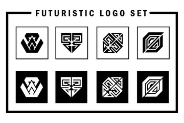 Black & White Futuristic Logo Set, abstract shapes, geometric symbols, icons can be used for backgrounds, brands, printing, UI