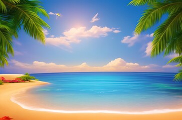 Fototapeta na wymiar Beautiful tropical beach with palm trees. Seascape. AI generated