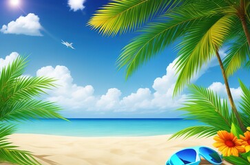 Summer background with palm tree and sun glasses on the beach. AI generated illustration