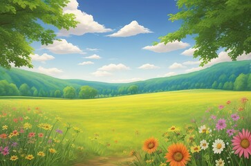 Beautiful summer landscape with meadow and flowers. AI generated