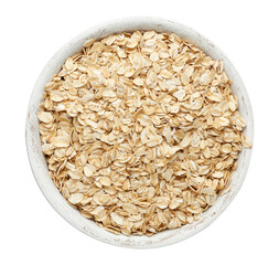 Raw oatmeal in a white wooden bowl on a white background