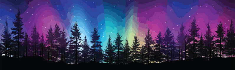 Fototapeta na wymiar Northern lights over a pine forest vector simple 3d isolated illustration