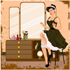 Girl and chest of drawers with cosmetics in retro style