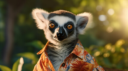 A lemur wearing a Hawaiian shirt, captured in a tropical jungle with warm. Cheerful lemur wearing flowery summer shirt with golden hour lighting. Realistic 3D illustration. Generative AI