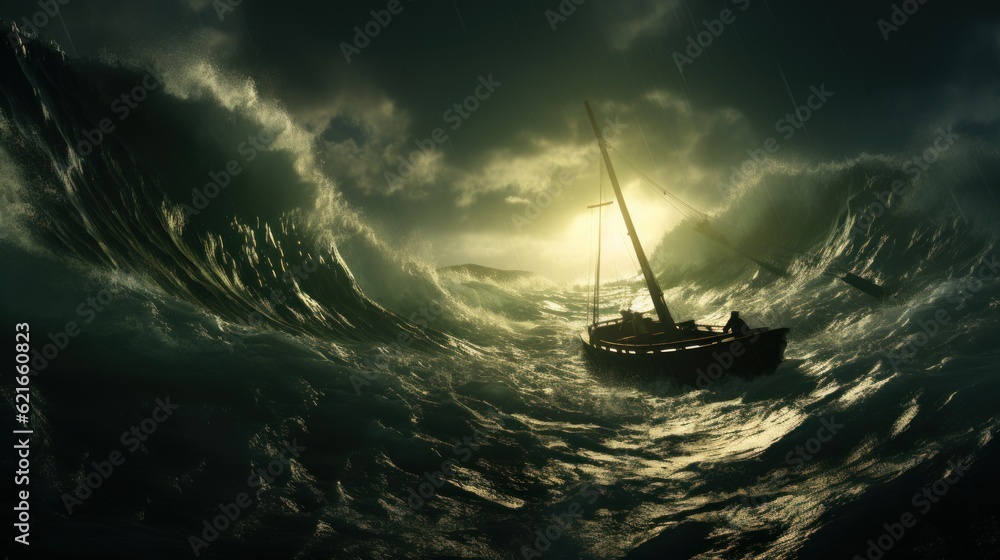 Poster a boat in the middle of a large wave. generative ai image.