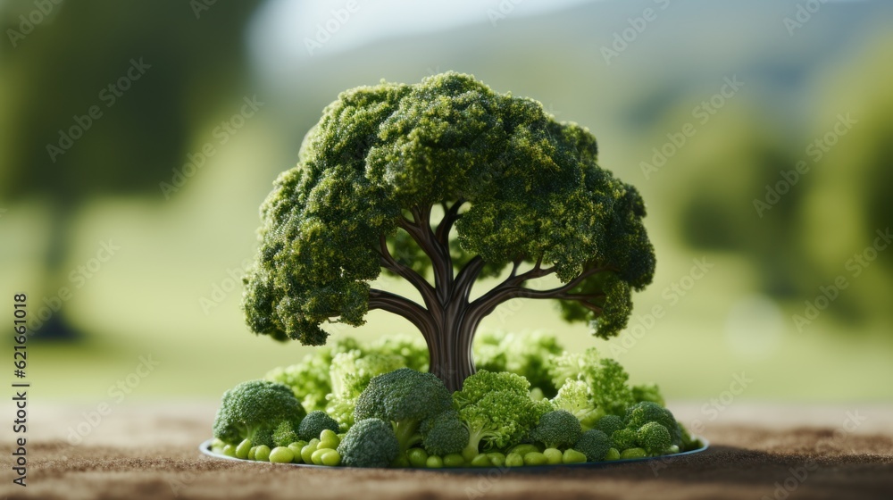 Poster a small model of a tree with broccoli on it. generative ai image.
