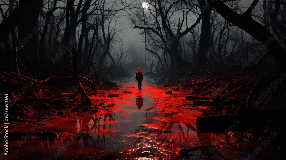 Poster a person standing on a path in a dark forest. generative ai image.