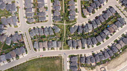 Aerial view of new suburban community in the city of Calgary in Alberta.