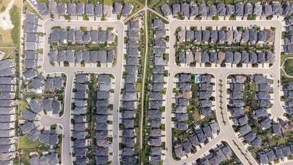 Aerial view of new suburban community in the city of Calgary in Alberta.